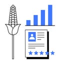 Corn plant, bar chart, and document with profile and star rating representing agriculture analytics and quality Royalty Free Stock Photo