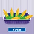Corn on the plastic food packaging tray wrapped with polyethylene. Vector illustration Royalty Free Stock Photo