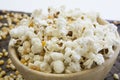 Corn popcorn raw cooked bowl mix seed tray concept Royalty Free Stock Photo