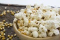 Corn popcorn raw cooked bowl mix seed tray concept Royalty Free Stock Photo
