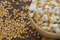 Corn popcorn raw cooked bowl mix seed tray concept Royalty Free Stock Photo
