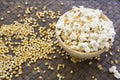 Corn popcorn raw cooked bowl mix seed tray concept Royalty Free Stock Photo