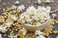 Corn popcorn raw cooked bowl mix seed tray concept Royalty Free Stock Photo