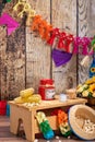 Corn, popcorn and straw hat. Typical table arrangements for the Brazilian Festa Junina - June Festival. Royalty Free Stock Photo