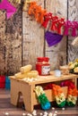 Corn, popcorn and straw hat. Typical table arrangements for the Brazilian Festa Junina - June Festival. Royalty Free Stock Photo