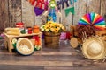 Corn, popcorn and straw hat. Typical table arrangements for the Brazilian Festa Junina - June Festival. Royalty Free Stock Photo