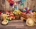 Corn, popcorn and straw hat. Typical table arrangements for the Brazilian Festa Junina - June Festival. Royalty Free Stock Photo