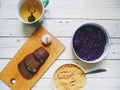 corn porridge, salad of red cabbage, bread and a cup of green tea