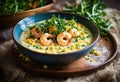 Corn porridge with shrimp and arugula