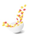 Corn rings in ceramic bowl with milk. Cereals food