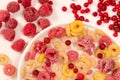 Corn rings with milk in a plate with berries and fruits, viewed from above on a white background. The concept of quick Royalty Free Stock Photo