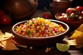 Corn salsa in a colorful bowl surrounded by