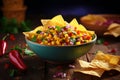 Corn salsa in a colorful bowl surrounded by