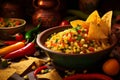 Corn salsa in a colorful bowl surrounded by