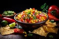 Corn salsa in a colorful bowl surrounded by