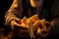 Corn seed in the farmer\'s hand. Corn seed in the hands of the farmer, agri Royalty Free Stock Photo