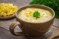 Corn soup in bowl and sweet corn on plate