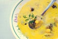 Corn soup with brussels sprouts and other vegetables Royalty Free Stock Photo