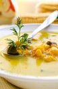 Corn soup with brussels sprouts and other vegetables Royalty Free Stock Photo