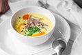 Corn soup puree with beef in white bowl Royalty Free Stock Photo