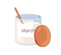 Corn starch in glass jar. Baking ingredient, cornstarch powder in transparent storage container with wood lid and spoon