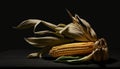 corn on the table, black background, generative ai