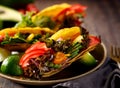 Corn tortilla tacos with avocado, tomatoes, onion and lettuce Royalty Free Stock Photo