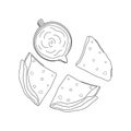 Corn tortillas folded in a triangle with sauce in a gravy boat. Line art. Traditional Latin American food