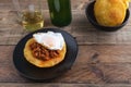 Corn tortos with picadillo and fried egg. Asturian cuisine
