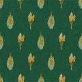 Corn and wheat plants on textured green background. Crop seamless repeating vector pattern. Autumn, fall, harvesting