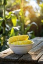 corn in a white bowl on a wooden table. Selective focus Royalty Free Stock Photo