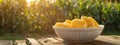 corn in a white bowl on a wooden table. Selective focus Royalty Free Stock Photo