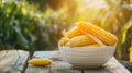 corn in a white bowl on a wooden table. Selective focus Royalty Free Stock Photo