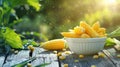 corn in a white bowl on a wooden table. Selective focus Royalty Free Stock Photo