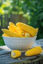 corn in a white bowl on a wooden table. Selective focus Royalty Free Stock Photo