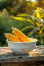 corn in a white bowl on a wooden table. Selective focus Royalty Free Stock Photo