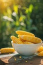 corn in a white bowl on a wooden table. Selective focus Royalty Free Stock Photo