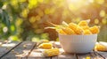 corn in a white bowl on a wooden table. Selective focus Royalty Free Stock Photo