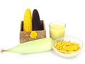 Corn, yellow corn boil And boiled purple corn in a box weave, such as water, milk and products made from corn.