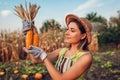 Corn. Young woman farmer picking corn harvest. Worker holding autumn corncobs. Farming and gardening Royalty Free Stock Photo