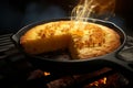 Cornbread baking in a castiron skillet capturing