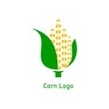 Corncob logo design. Yellow corn seed and green leaf isolated on white background. Vector organic grain illustration Royalty Free Stock Photo