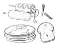 Corndog bread slice pancake honey hand drawn sketches white isolated background