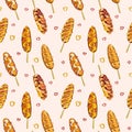 Corndogs seamless vector pattern. Popular Asian street food . Hand-drawn in cartoon style fried hot corn dogs with Royalty Free Stock Photo