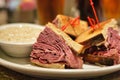 Corned beef pastrami sandwich with pickles Royalty Free Stock Photo