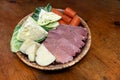 Corned beef platter cabbage carrots potatoes for St. Patrick`s