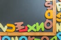 Corner of black board with colorful alphabet Royalty Free Stock Photo