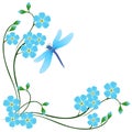 Corner with blue forget me not flowers and dragonfly on a white background. Royalty Free Stock Photo