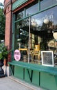 Storefront window of corner book and antique store, Wickford, Rhode island, 2018