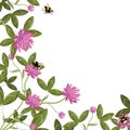 Corner border of clover leaves, flowers and bumblebees, empty floral frame on a white background. Vector composition